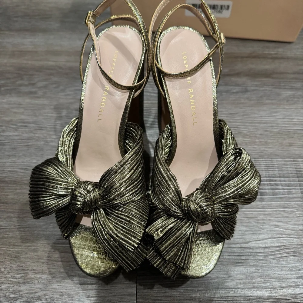 Loeffler Randall Natalia Fabric Pleated Bow Gold Platform Sandal Heels